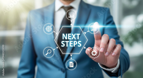 A man in a blue suit is pointing to a next steps concept