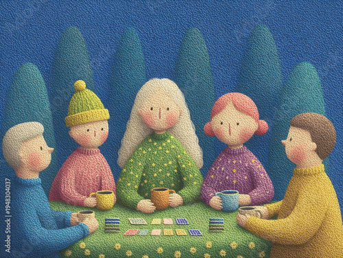 Group of people sitting around a table playing a casual card game, enjoying hot drinks, creating a cozy and warm atmosphere during a friendly gathering