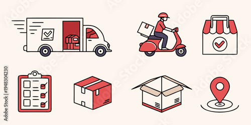 delivery icons with truck scooter box and map Vector