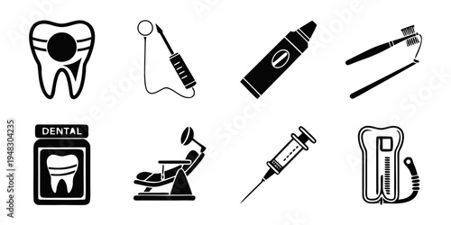 dental icons including tooth, tools and equipment Vector