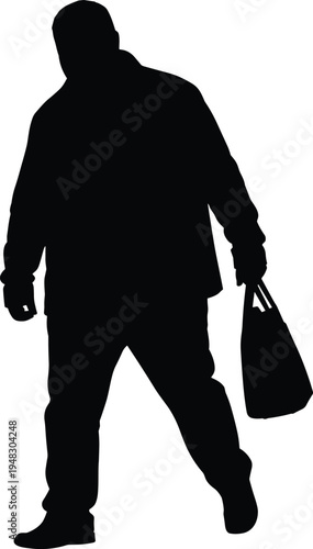 Human silhouette walking with bag in hand, frontal view illustration for urban lifestyle, commute, design, posture, movement concept
