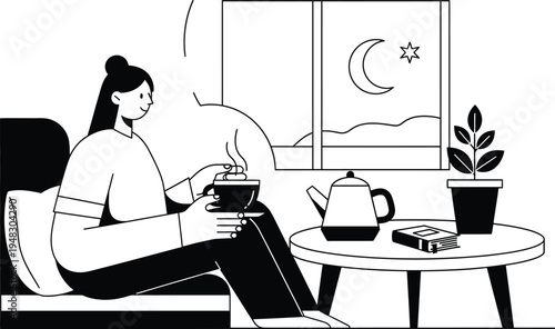 woman relaxing with tea by window at night