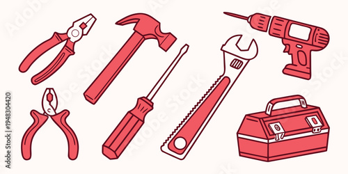 a set of red hand tools and a toolbox Vector