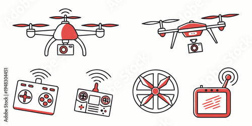 a set of drone and drone parts illustrations Vector
