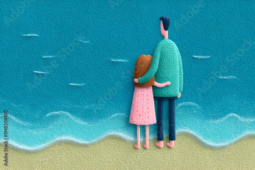 Father and daughter embracing on the beach, looking at the ocean, enjoying a loving and happy family vacation moment, bonding during summertime by the sea