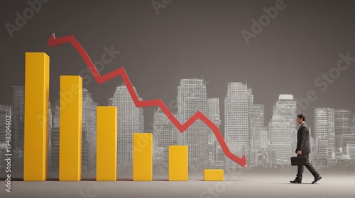 A businessman walks past declining bar graphs, highlighting financial challenges against a city skyline
