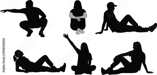 Sitting and Relaxing People Silhouette Vector Set, Men and Women Reclining, Squatting, and Lounging Poses for Urban Lifestyle Design Projects
