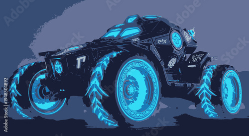 Futuristic Offroad Vehicle Concept Illustration with Glowing Blue Accents