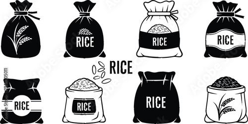 Rice Bag Vector Set with Different Packaging and Grain Illustrations for Food and Agriculture Design