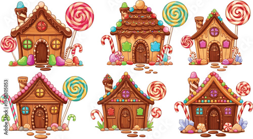 Cute Candy Gingerbread Houses Cartoon Vector Illustration Set with Lollipop, Candy Cane, Chocolate Roof and Sweet Fairy Tale Dessert Homes