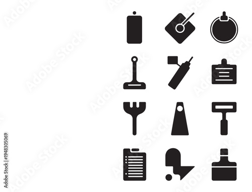 Collection of diverse black tool and office supply silhouettes, icons.