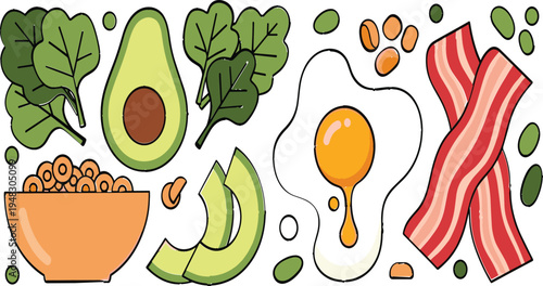 Healthy Breakfast Ingredients Illustration Set with Avocado, Bacon, Egg, Spinach, Cereal, and Fresh Fruits on White Background