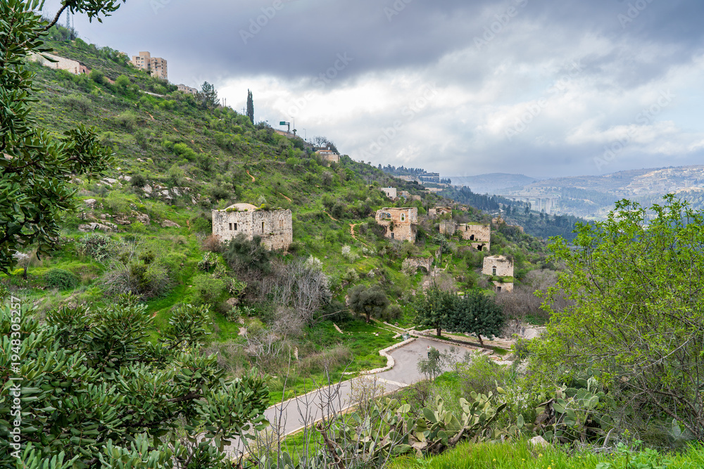 Obraz premium Abandoned village of Lifta near Jerusalem in early spring, old stone houses on a green mountain slope.Israel.
