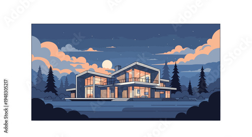 Modern glass-fronted residence nestled amongst trees under a twilight sky