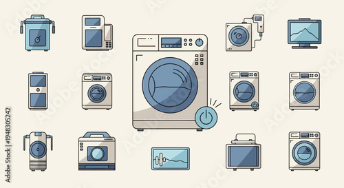 Flat design icons of various laundry appliances and electronics