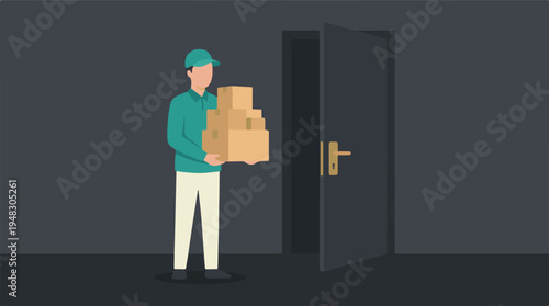 Delivery person holding a stack of packages at a doorstep