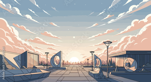 Futuristic plaza at sunrise with geometric sculptures and city skyline