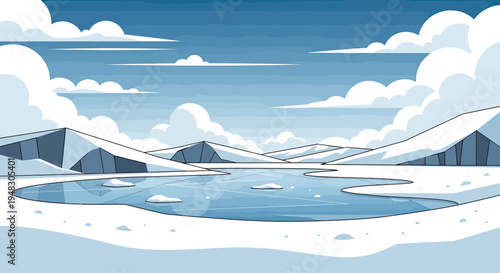 A serene, stylized arctic landscape with snow-capped mountains, frozen lake, and cloudy sky