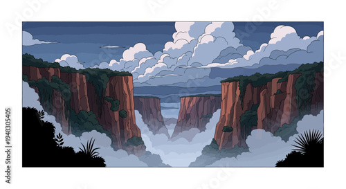 Majestic canyon cliffs shrouded in mist, with dramatic clouds in a twilight sky