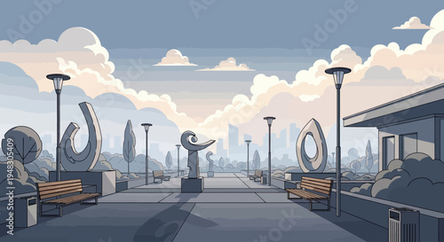 Serene urban park with sculptures, benches, and a building under a sky of soft clouds