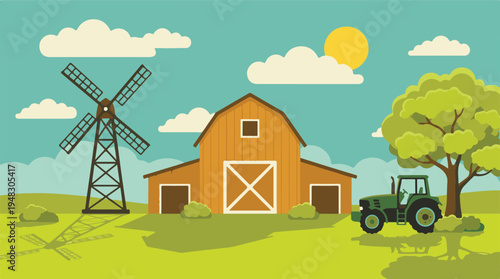 Rural farm landscape illustration with windmill, barn, and tractor
