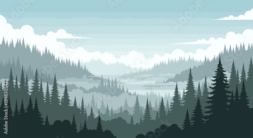 Layered evergreen forest vista with misty mountains and soft clouds