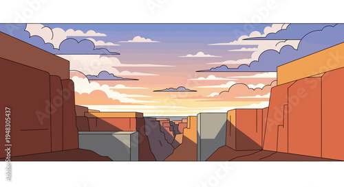 Wide canyon view at sunset with layered clouds and warm light on cliffs