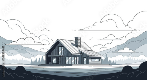 Modern house by mountains under cloudy sky