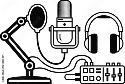 podcast equipment, microphone, headphones