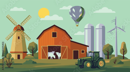 Flat Design Farm Scene: Barn, Tractor, Windmill, Silos, and Wind Turbine