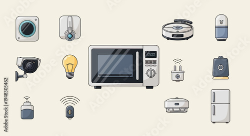 Collection of smart home devices and appliances in a simple, illustrative style