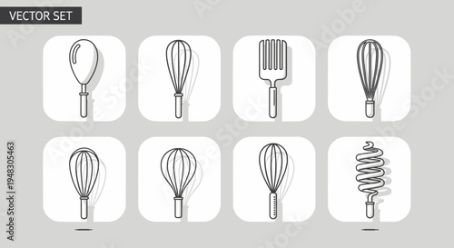 A minimalist vector set of eight kitchen whisks and one fork
