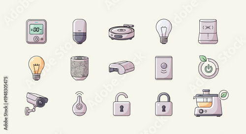 Diverse icons of smart home devices, security, and appliances