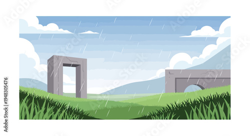 Ancient ruins stand under a gray, rainy sky with rolling hills