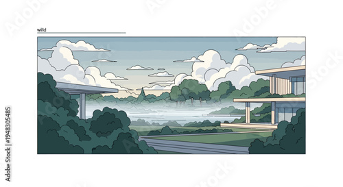 Minimalist buildings overlook a misty landscape with lush trees and fluffy clouds