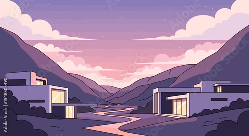 Modern homes nestled in a valley with a winding river under a pastel sky