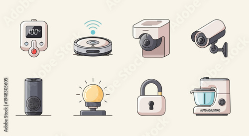 Digital thermometer, robot vacuum, security camera, smart speaker, light bulb, padlock, and stand mixer icons