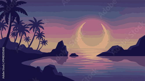 Vibrant tropical sunset with palm trees and ocean reflections