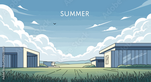 Modern houses on a grassy field under a blue summer sky with clouds