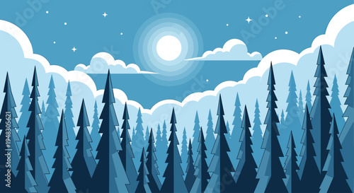 A monochromatic winter forest scene with a bright sun and fluffy clouds