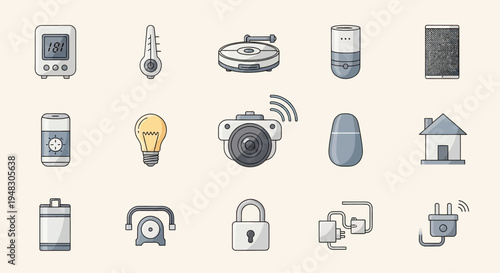 Flat icon set depicting smart home devices, security, and appliances