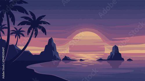 Vibrant tropical sunset with palm trees and ocean rocks in flat design