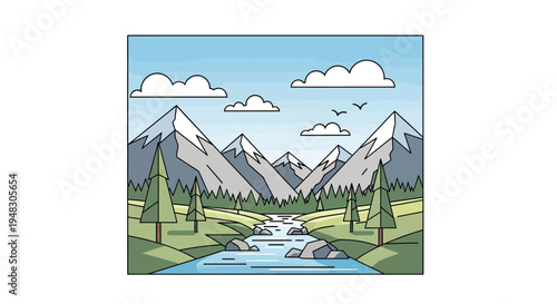 Snow-capped mountains overlook a serene river flowing through a lush, green landscape