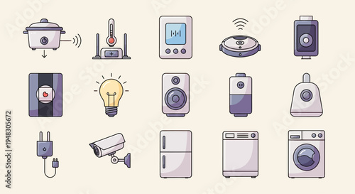 Collection of smart home devices, including appliances, security, and control units
