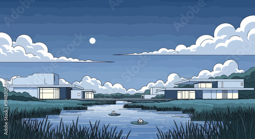 Modern homes flank a tranquil pond at twilight, under a sky filled with clouds