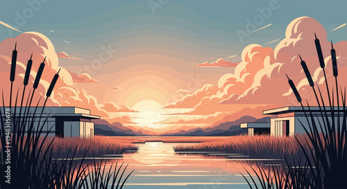 Serene marsh sunset with minimalist structures and soft clouds reflecting