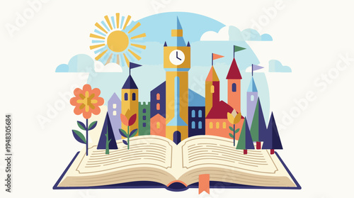Fantasy Cityscape Emerging from Open Book with Clock Tower - Flat Design