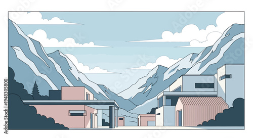 Modern buildings nestled amidst a serene mountain valley under a cloudy sky