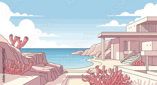 Minimalist coastal villa with modern architecture and pink coral overlooking the ocean