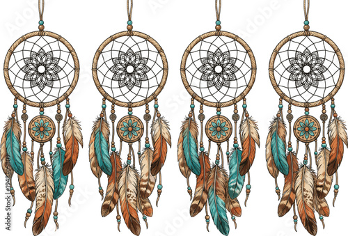 Dreamcatcher set boho feather ornament native tribal hanging dream catcher decorative spiritual symbol vector illustration collection